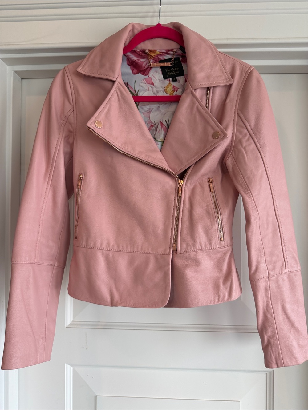 Ted Baker Blush Pink Leather Moto Jacket - Floral Lining